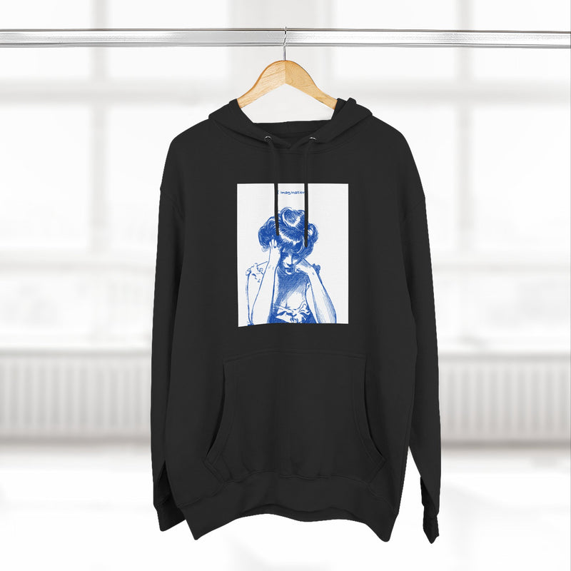 Artistic Female Silhouette Hoodie – Stylish Blue Figure Design on Cozy Beige Sweatshirt