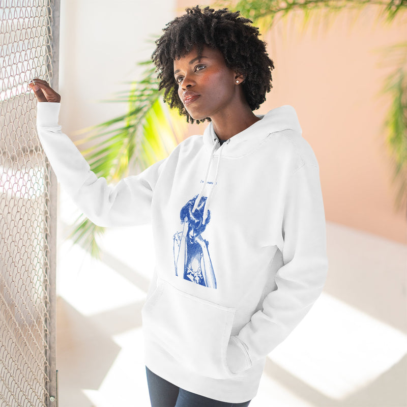 Artistic Female Silhouette Hoodie – Stylish Blue Figure Design on Cozy Beige Sweatshirt