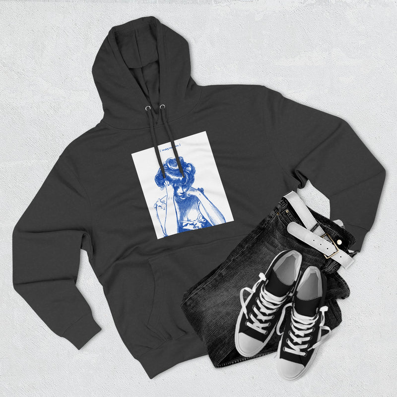 Artistic Female Silhouette Hoodie – Stylish Blue Figure Design on Cozy Beige Sweatshirt