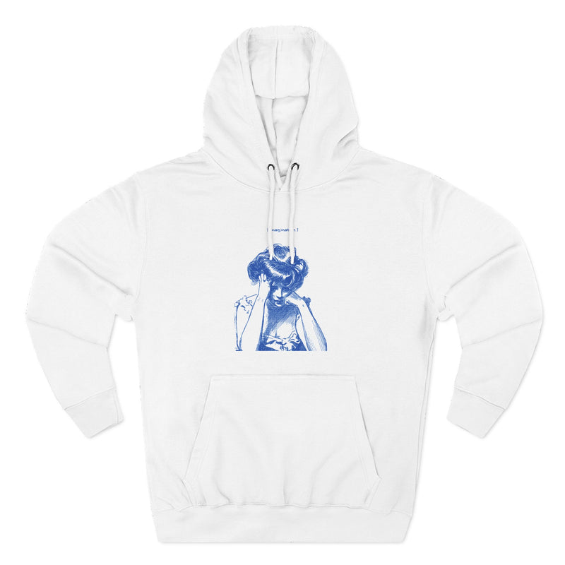 Artistic Female Silhouette Hoodie – Stylish Blue Figure Design on Cozy Beige Sweatshirt