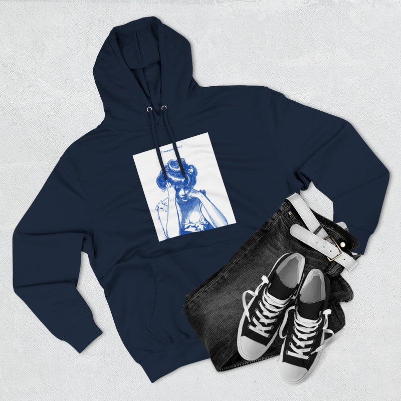 Artistic Female Silhouette Hoodie – Stylish Blue Figure Design on Cozy Beige Sweatshirt