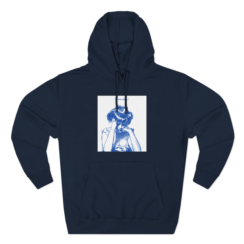 Artistic Female Silhouette Hoodie – Stylish Blue Figure Design on Cozy Beige Sweatshirt