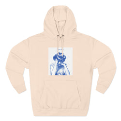 Artistic Female Silhouette Hoodie – Stylish Blue Figure Design on Cozy Beige Sweatshirt